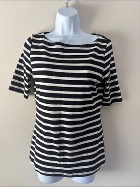 Ellen Tracy Black & White Striped Boatneck Short Sleeve Top